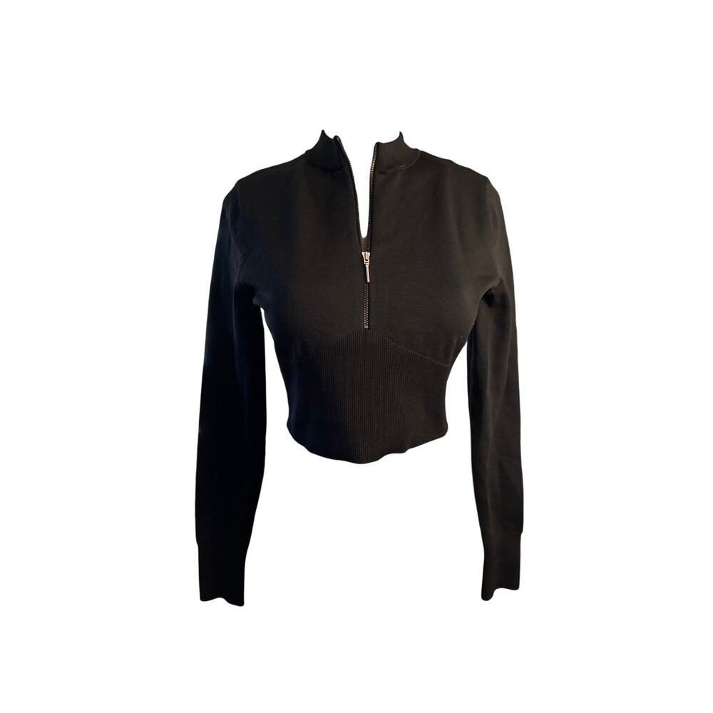 Women M Nike Sportswear Black Chill Knit Crop Top Tee Shirt Sweater Zip FN4689 - Picture 2 of 8